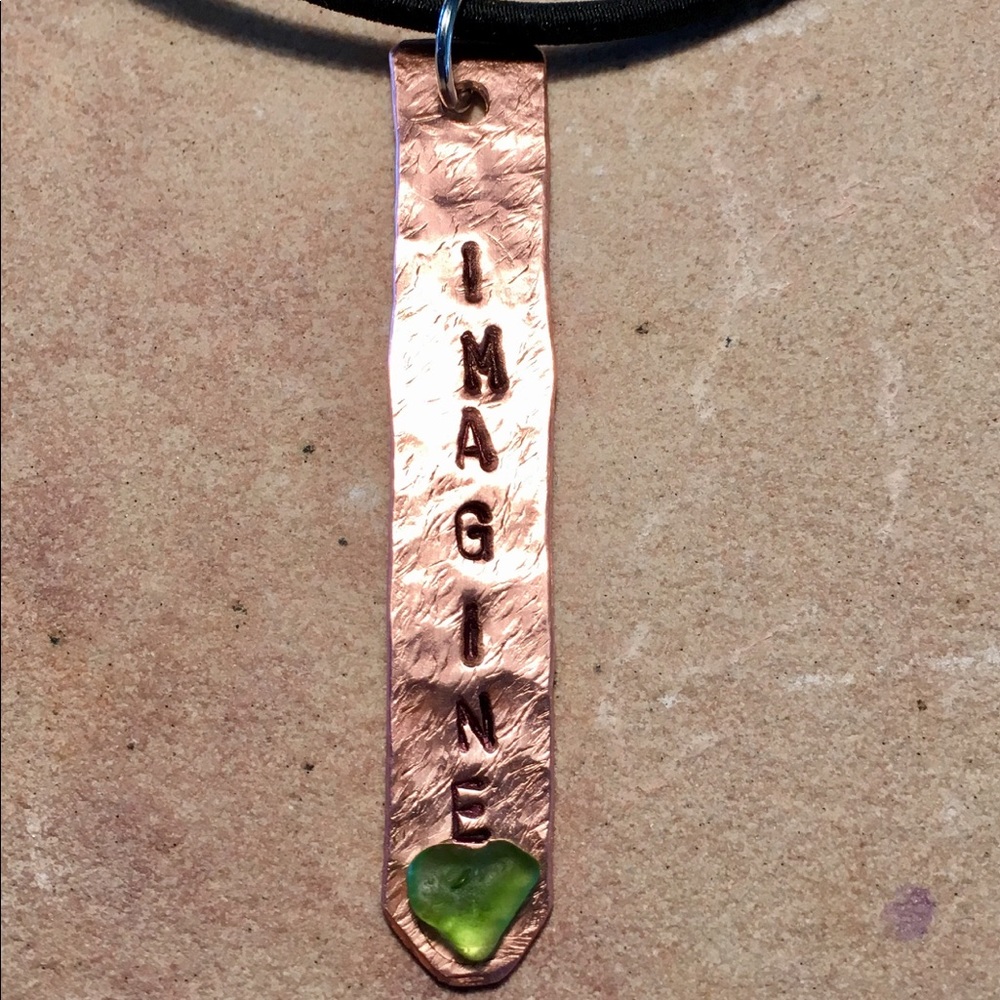 Hand Crafted Copper Pendant Necklace IMAGINE NAMASTE BRAVE
